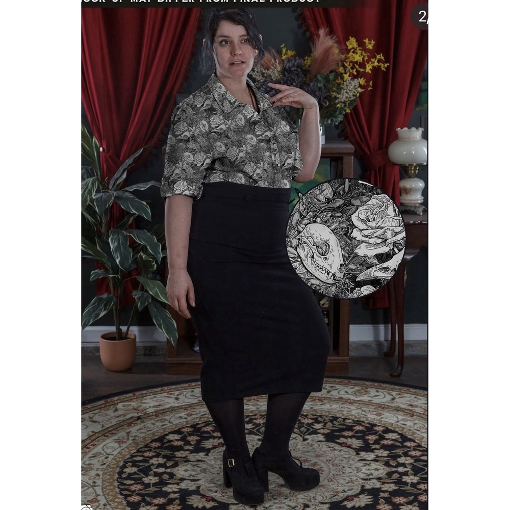 Maya Kern Gothic Botanical Animal Skull Button Up Blouse Small Black White